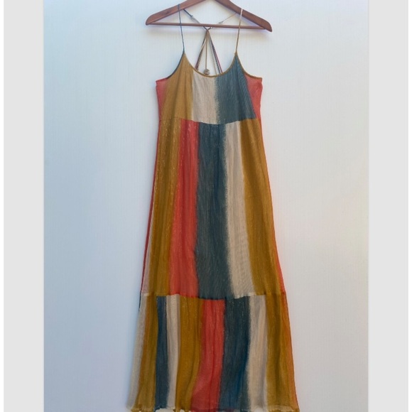 Lovestitch Colorful Halter Maxi Dress Rainbow Block Shimmery Lined Boho Glam Med - Picture 7 of 8